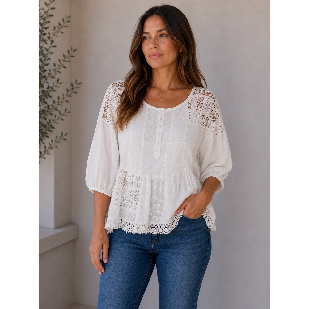 Vanessa Virginia Anthropologie White Lace Patchwork Boho Blouse XS Cottagecore